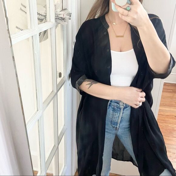 & Other Stories Sheer Short Sleeve Leather Trim Button Down Size Small - Picture 2 of 10